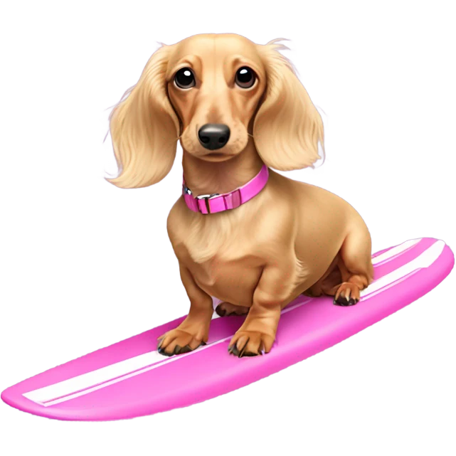 Long haired miniature dachshund cream colour with pink collar on waterskis emoji