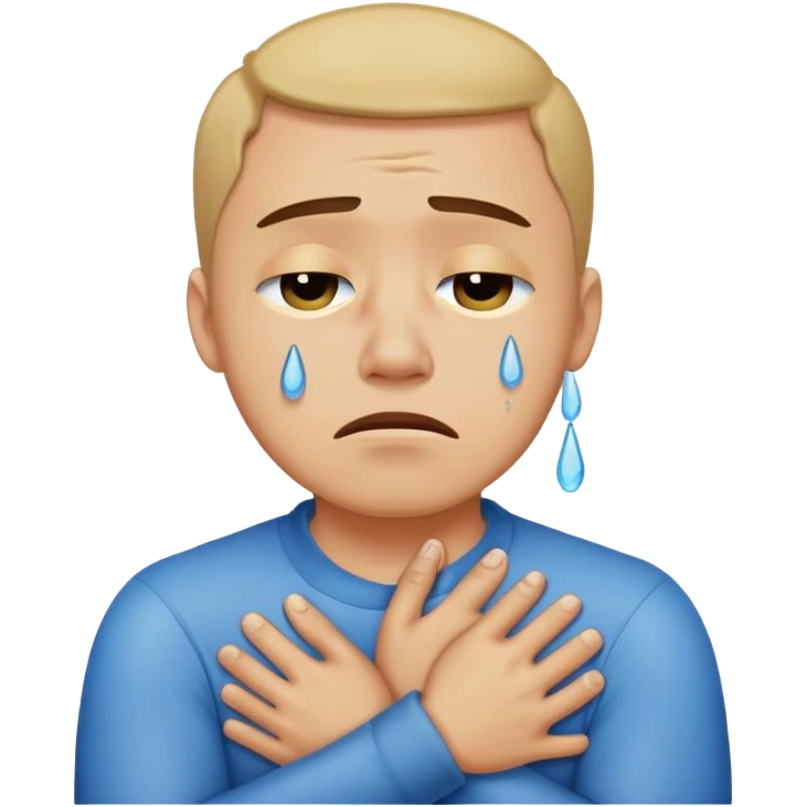 Guy crossing arms around neck crying emoji