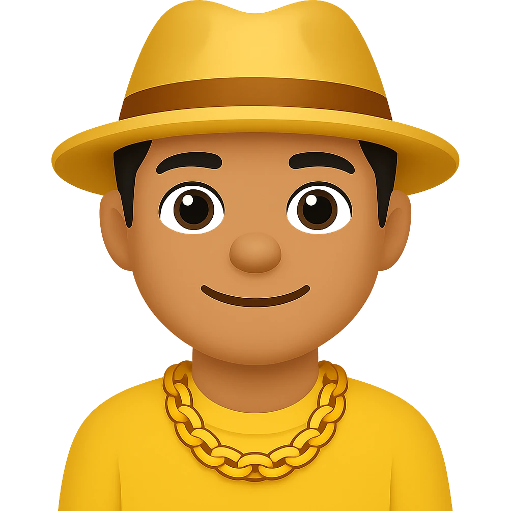 Create an image of a man with a gold chain and a fedora hat in the style of emoji style. The style should resemble emoji aesthetics with clear, simple, and colorful features. emoji