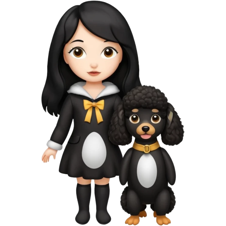 A girl who has long hair and looks like a penguin holds a brown poodle emoji