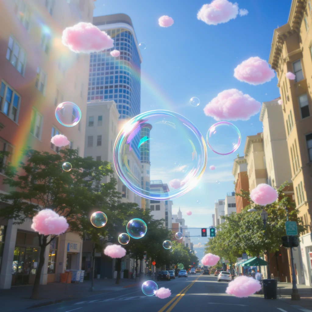 Cinematic still perfume inside bubbles flying around San Francisco downtown, sunny summer day, happy vibe, colorfull surround, rainbow, small cute pink clouds around emoji