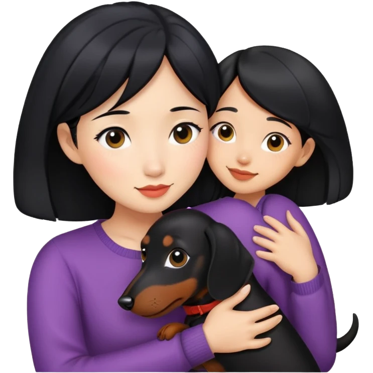 black hair asian girl hugging black dachshund emoji