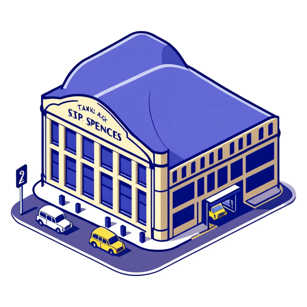 Isometric Marks & Spencer food hall building exterior with typical British architecture, covered entrance, and car park with black London taxi emoji