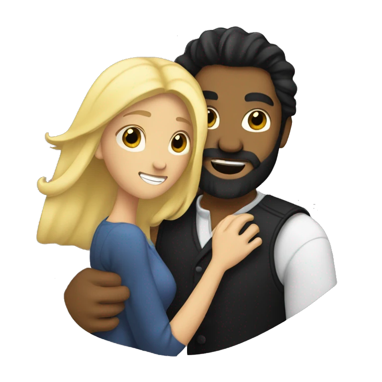 A man with black hair and a black beard hugging a blonde woman hair emoji