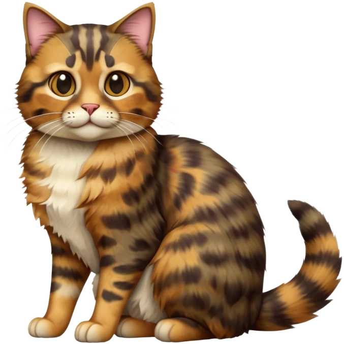 cinematic-[tortoiseshell tabby cat]-realistic-full-body-sitting-emoji,-tail-curled-playfully-around-its-paws,-head-tilted-dramatically,-scruffy-[tortoiseshell coloured]-fur,-simplified-yet-realistic-focused-features,-highly-detailed,-glowing-with-an-almost-sarcastic-glow emoji