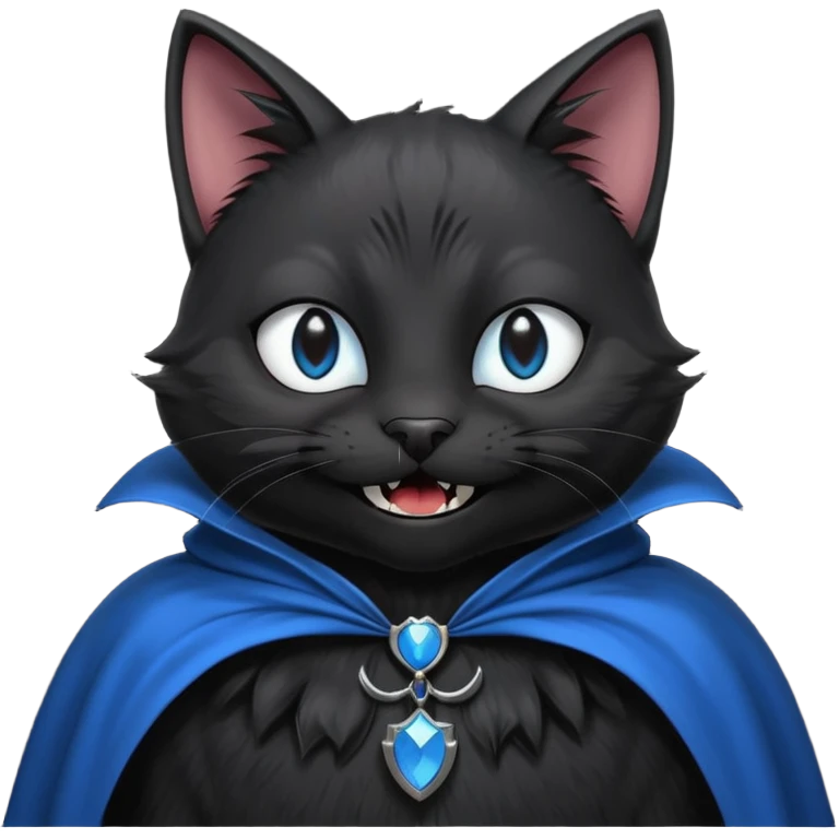 an all black anthropomorphic cat with blue eyes wears an all black cape and is smiling a mischievous sharp tooth grin emoji