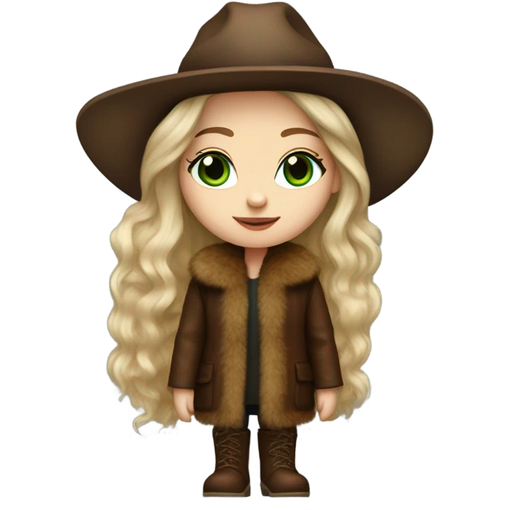 Realistic White girl with Long straight blonde hair, green eyes, tattoos, full body wearing Brown fur coat and fur hat and Brown leather boots emoji