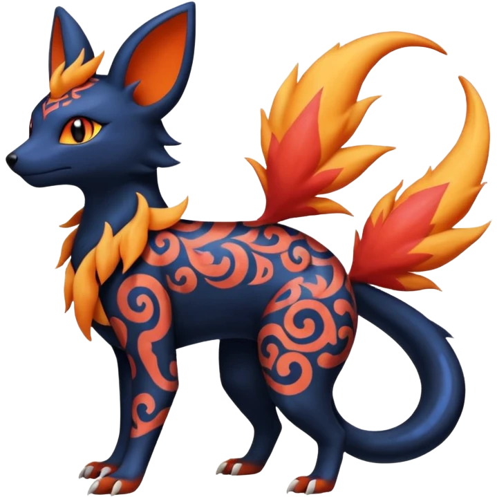 
Canine-Litten-Amaura-Salandit-Noibat-Flareon-Fakémon-fusion (full body) with intricate patterns emoji