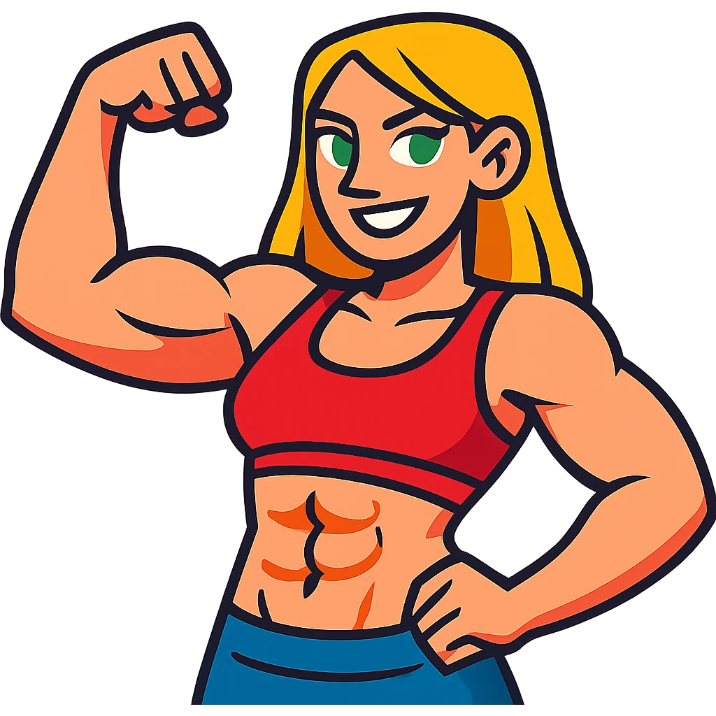 muscular white girl with blonde hair and green eyes, flexing 6 pack abs and one arm bicep emoji