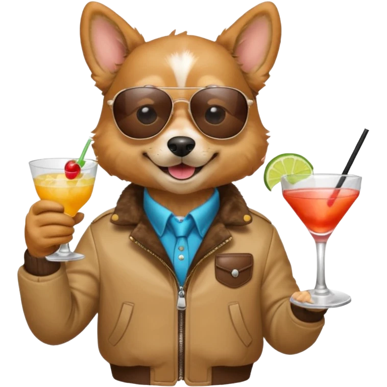 Dog with jacket, holding a cocktail, wearing sunglasses emoji