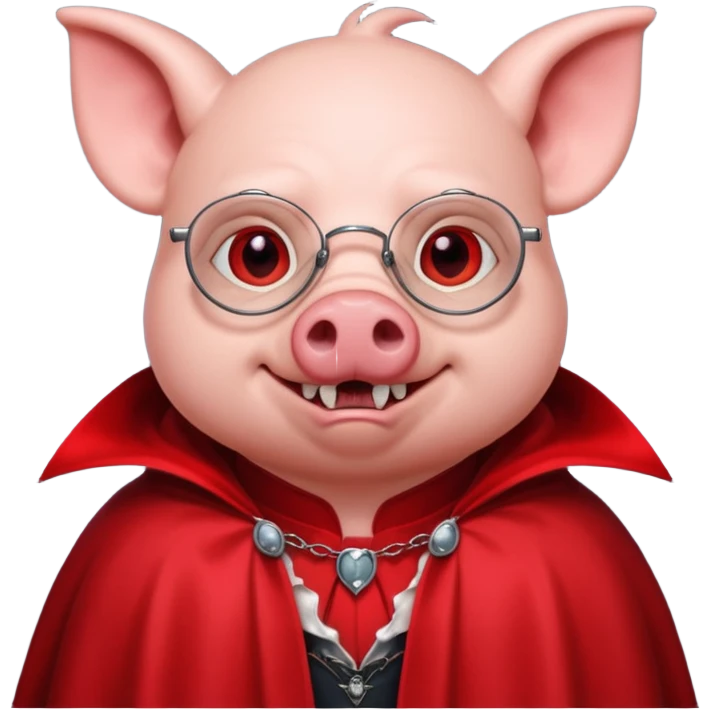 Vampire animal, pig in red collar cloak, red eye, fangs, classes emoji