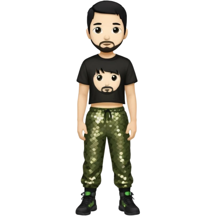 Mike Shinoda with black hair, black sequin crop top, olive sequin baggy pants emoji