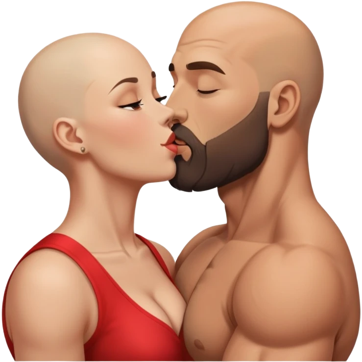 Muscular Bald man with a beard passionately kissing his young brunette wife  emoji