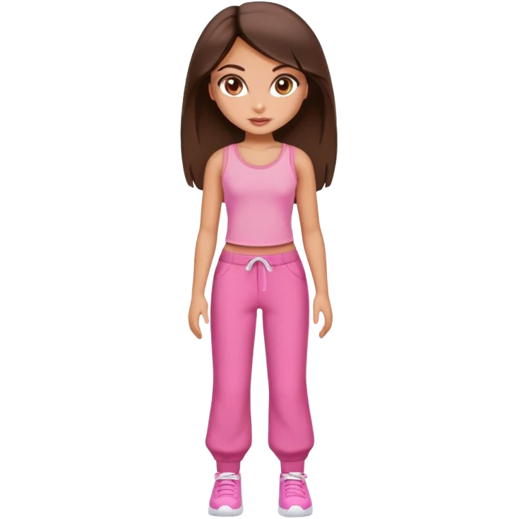 Tan brunette girl who looks like a bratz doll wearing all pink emoji