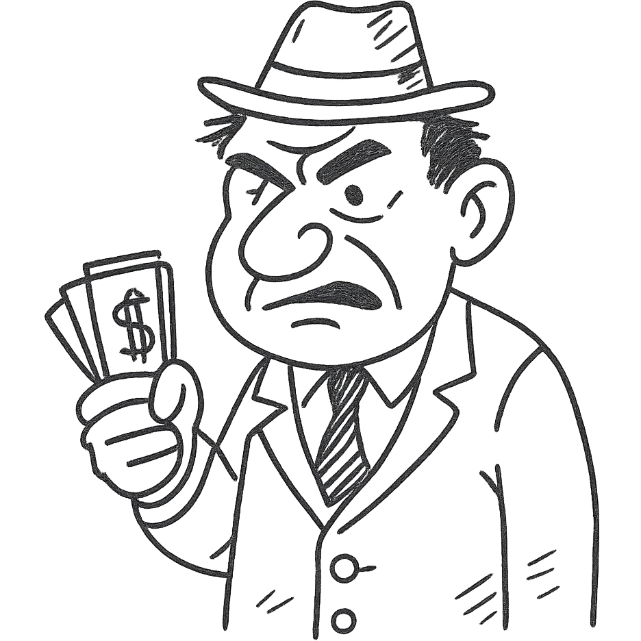 debt collector, exaggerated features, holding a stack of bills emoji