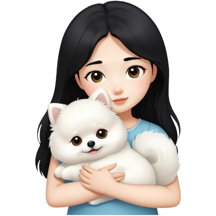 Black hair asian girl hug white Pomeranian  emoji