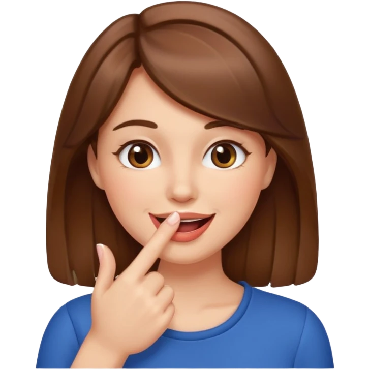 femme brune qui rougit en souriant avec un doigt dans sa bouche  emoji