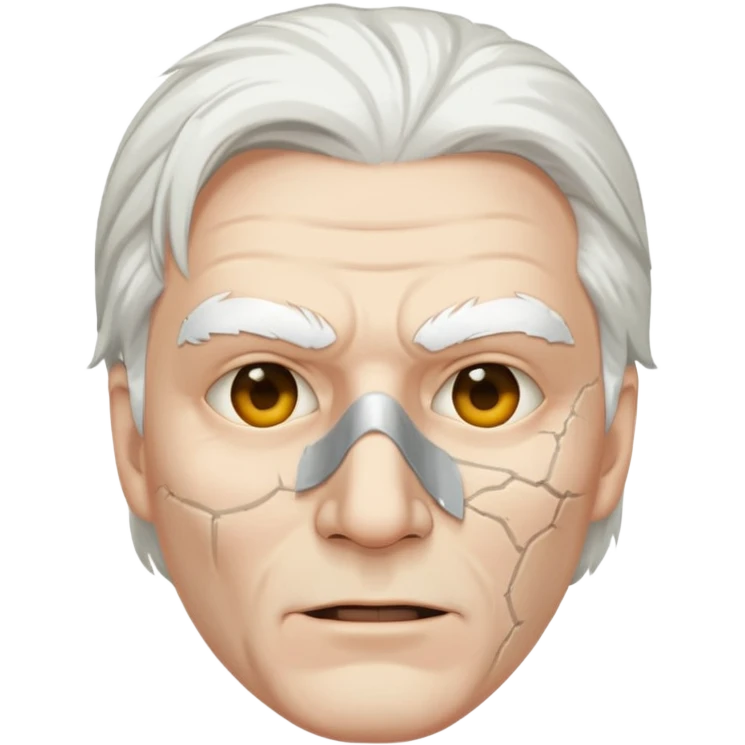 white haired man with half white mask, mask is cracked emoji