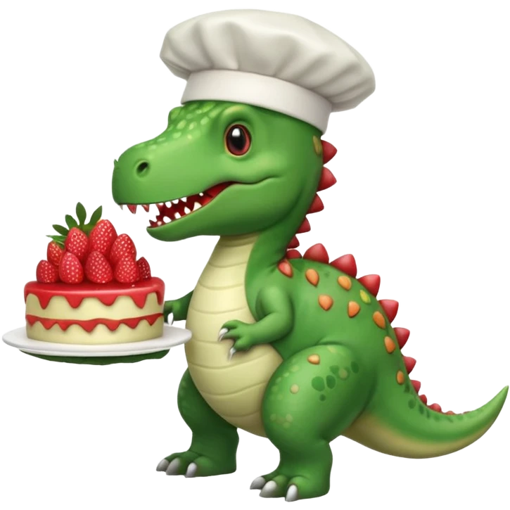 quiero un dinosaurio divertido para niños con delantal y gorro de chef y en la mano una tarta emoji