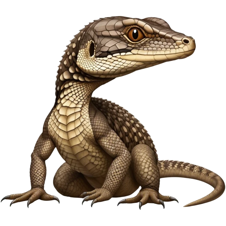 Cinematic Noble brown camo spotted monitor Lizard Portrait Emoji, Poised and regal, with a robust, scaled body exhibiting striking, mottled patterns and piercing, alert eyes, Simplified yet sharp and sophisticated features, highly detailed, glowing with a soft, earthy glow, high shine, intelligent and formidable, stylized with an air of ancient wilderness, focused and commanding, soft glowing outline, capturing the essence of a watchful and confident reptilian guardian that appears ready to stride out of the screen with effortless authority! emoji