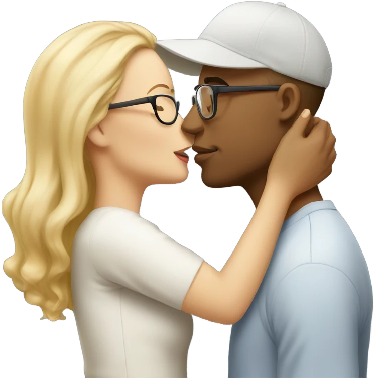 blonde woman with glasses and men with light skin and cap and no glasses kissing. both are white emoji