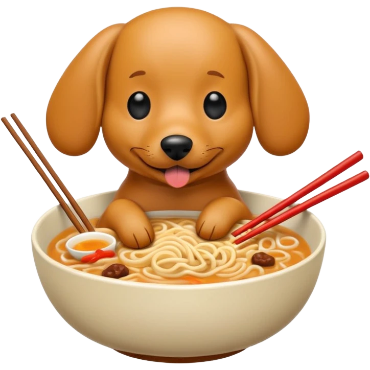 retro arcade style weenie dog eating ramen noodles out of bowl with chopsticks emoji