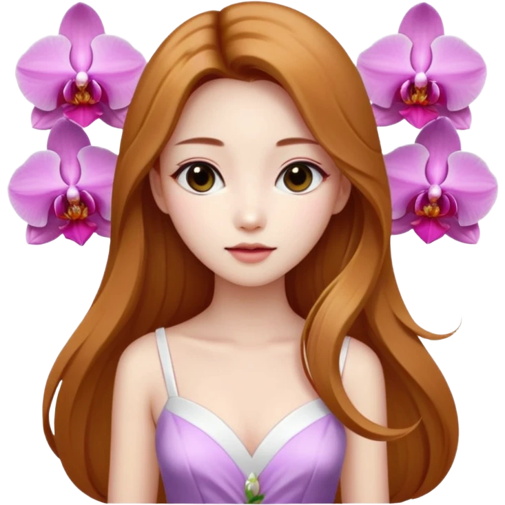 Asian girl with long golden brown hair white skin makeup natural with orchid white/pink only on her left ear, her dress is white  coquette  emoji