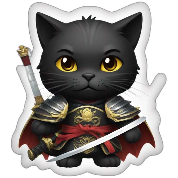black cat with bad face, big wings, holding a samurai sword, dressed like a king emoji