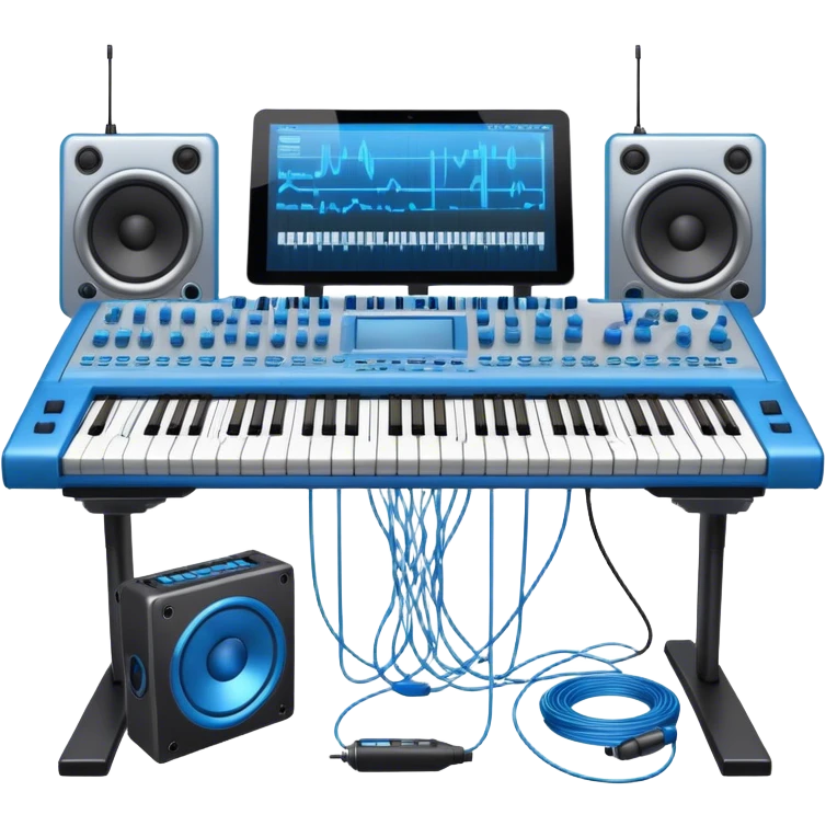 Create a professional and detailed emoji that represents sound design. The design should feature a high-end studio synthesizer (like the Korg), a sound mixing console with visible wires, large studio speakers, and a microphone to symbolize the essential equipment in sound design. Add musical note waves flowing around the equipment to emphasize the connection between sound creation and musical composition. Use sleek, modern colors like black, silver, and neon blue to represent the professional and futuristic nature of sound design. The background should be transparent. emoji