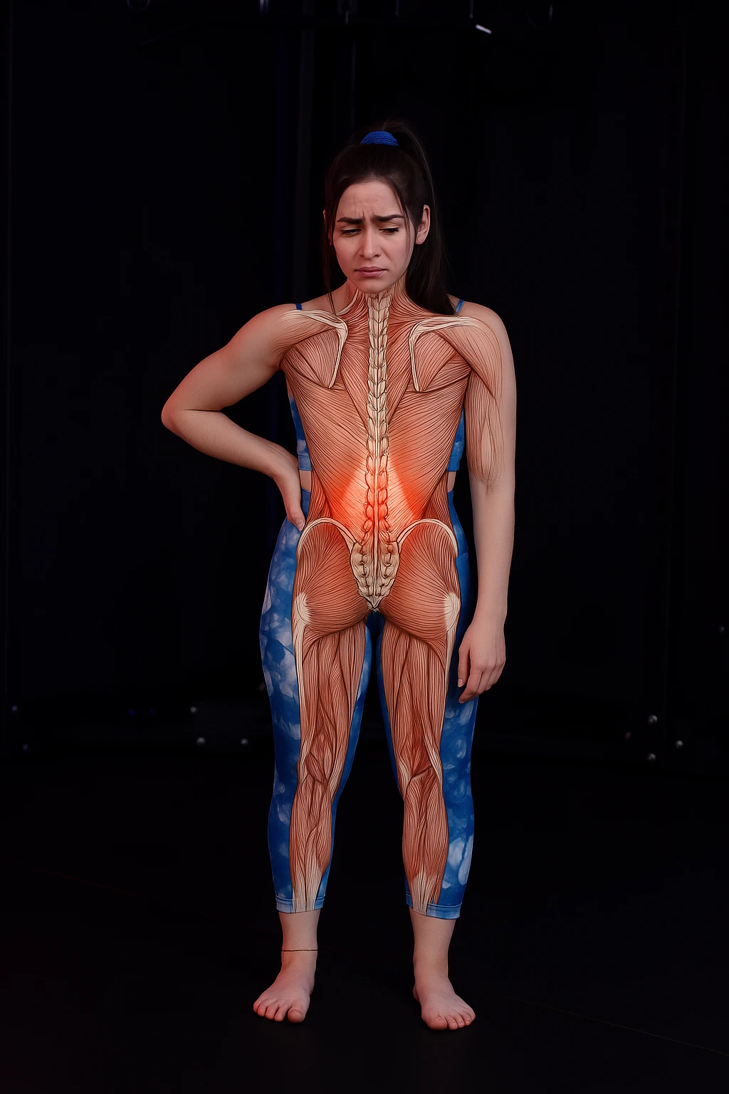 A woman with back pain, add an anatomically highlighted back on the body, variant 3, in a style suitable for editing and anatomical clarity. emoji