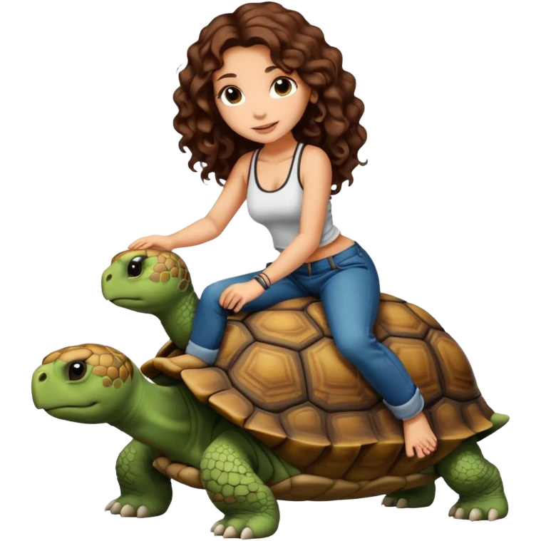 ccute woman long curly brown hair tattoos riding big tortoise emoji