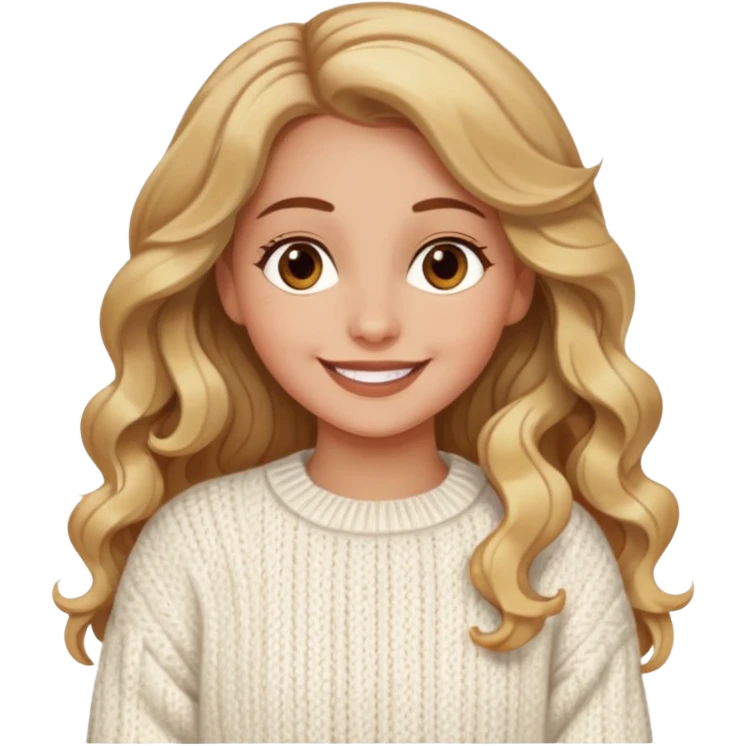 A pretty white girl with hazel brown eyes and long brown and blonde wavy hair in a cosy white knit sweater, she is celebrating her birthday and is happy emoji
