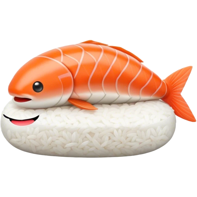 Cute Kawaii Nigiri Sushi, plump and happy, a soft white rice pillow topped with bright orange salmon, tiny blushing cheeks, big round eyes, a joyful floating expression! emoji