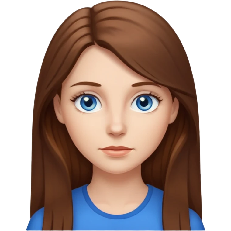 white woman with long brown hair and blue eyes, neutral expression emoji