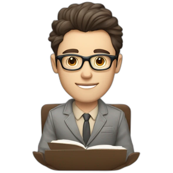 Pale skinned Fit Man With dark brown hair in gray jacket, beige office shirt and vintage glasses sitting In a soft chair with a notebook with emblem Ψ and a pen in his hands emoji