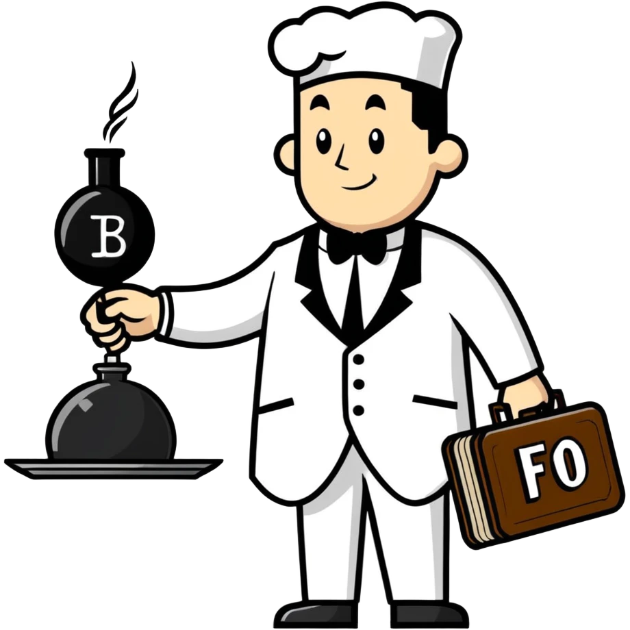 A butler holding a platter with an old-fashion bomb on it with the letters FO on the bomb emoji
