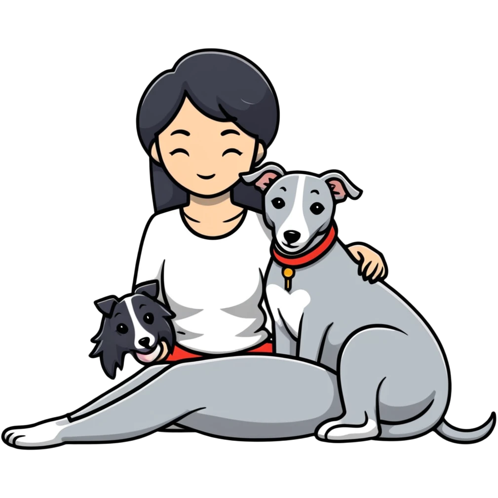 Very thin Chinese woman with long black hair relaxing in a luxurious hotel suite with exactly ONE whippet dog. EXTREME IMPORTANCE: the whippet must be ONE SOLID MEDIUM GREY COLOR (not too dark, not too light) from nose to tail with ABSOLUTELY NO WHITE MARKINGS anywhere - NO white on face, NO white on muzzle, NO white on chest, NO white on paws, NO white on tail - NOTHING BUT A SINGLE SHADE OF MEDIUM GREY throughout the entire animal emoji
