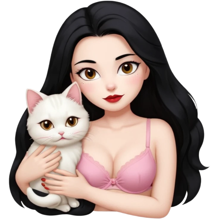 Beautiful Girl Long Hair black, Brows Big , Skin White, bra Pale Pink , Big Red Lips, EyesCoffe , Big hug Little baby Persa Cream Cat With Cute Eyes emoji