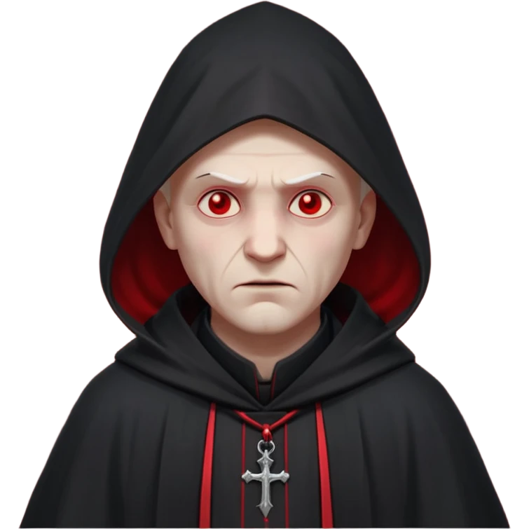 cursed village priest portrait, head and shoulders only, dark hooded robe, mysterious expression, subtle red accents, eerie glow, gothic village atmosphere, 3D cartoon, mobile game icon style, clean background, no text, no watermark

 emoji