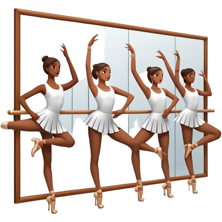 Icon for Choreography: a group of dancers in identical poses, standing by a wall with all wall long mirror, holding a long barre with one hand. The icon should capture the discipline and synchronized movement of dance training. Transparent background. emoji