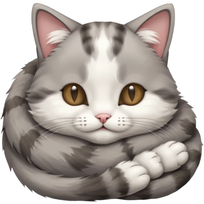grey and white small cat with eyes closed lying down upside down with its head resting on its paw emoji