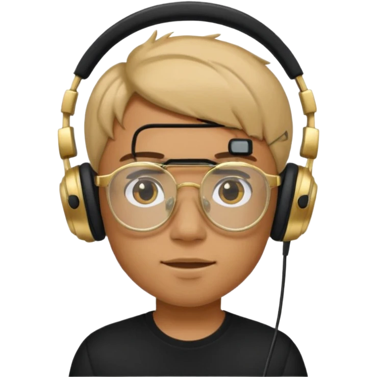 Un chico usando una camisa negra y audífonos, junto con sus lentes puestos de marco dorado. Diciendo GG arriba de su cabeza! emoji