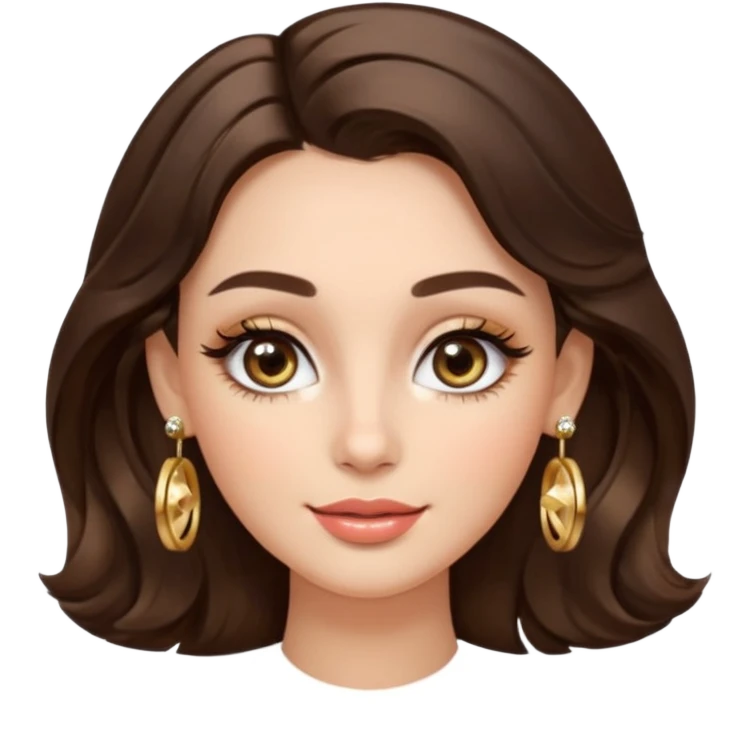 Luxury Milan girl Greta emoji: oval face, flawless skin, big light almond eyes with lashes/eyeliner, arched brows, flirty half-smile glossy lips, beauty mark, wavy warm brunette hair, gold hoop earrings, soft glow, champagne bg with sparkles, 3D sticker style, centered. emoji