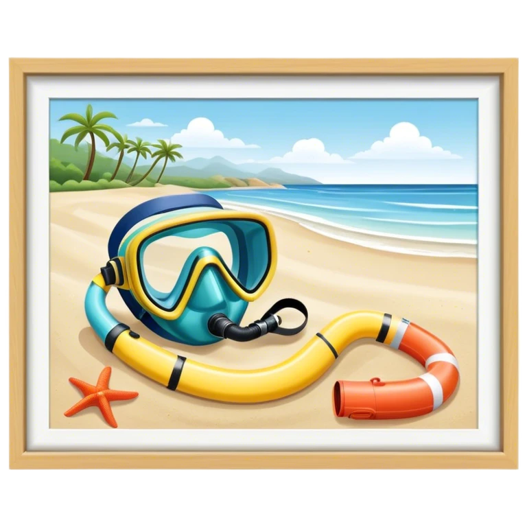 Icon for Beach Tourism: a serene beach scene with gentle waves, a snorkel mask, and a diving tube. The icon should evoke the relaxation and beauty of beach destinations. Transparent background. emoji