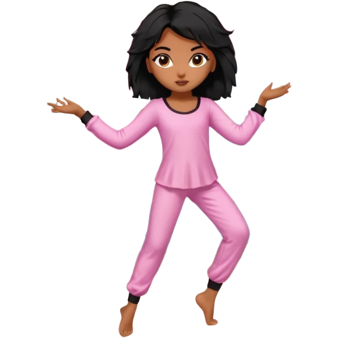 generate a pretty bratz brown skinned girl with messy black hair in pyjamas dancing in room ballet emoji
