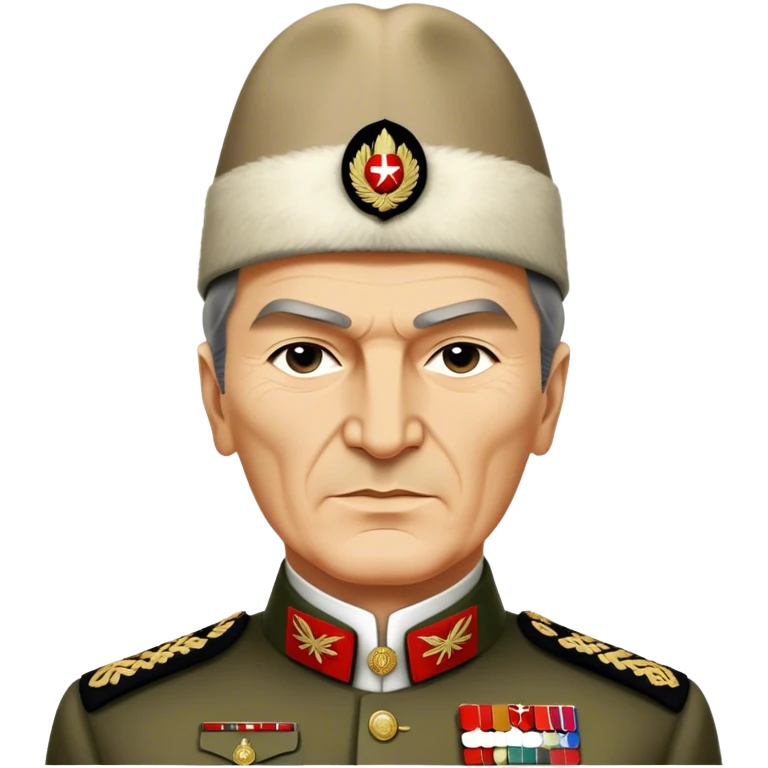 Mustafa Kemal Atatürk (statesman) in traditional hat – Cinematic Realistic Portrait of Mustafa Kemal Atatürk, depicted in dignified traditional attire with a distinctive hat, a resolute and visionary expression illuminated by warm, historic lighting, rendered with rich textures that evoke his transformative leadership. emoji