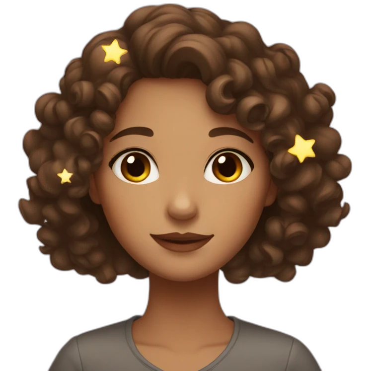 A girl with brown hair and brown eyes and curly hair and stars  emoji