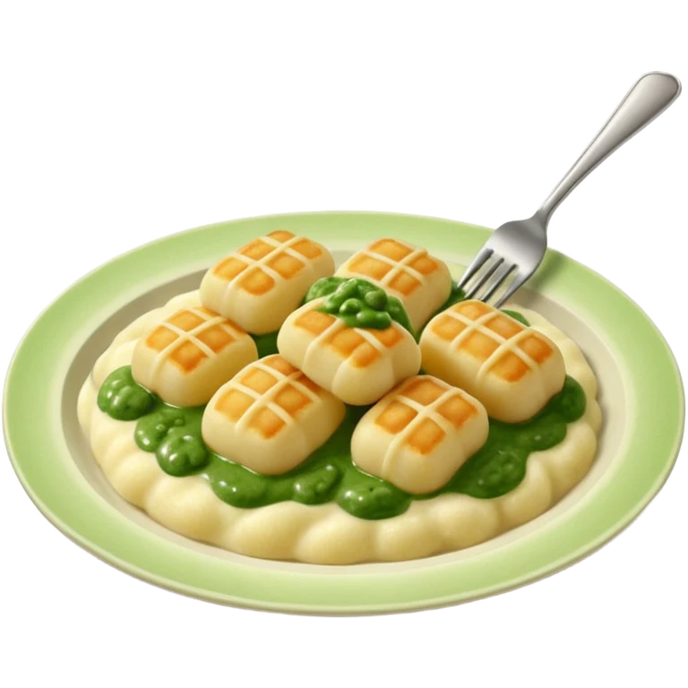 Gnocchi Cinematic Realistic Gnocchi Dish Emoji, depicted as tender oblong potato gnocchi garnished with iconic fork marks on top, rendered with soft textures and warm, inviting lighting. add green  sauce on top emoji