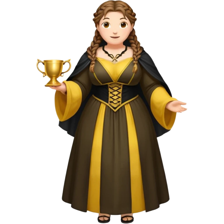 Helga Hufflepuff,brown-haired,2 braids,yellow-black medieval open dress,deep neckline,fat macromastia,black cloak decorated with gold braiding,gold cup with two handles,very kind smile,curvy busty sweet woman,round rosy cheeks,full length with medieval shoes emoji