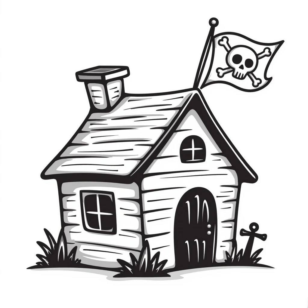 old pirate's house with skull flag emoji